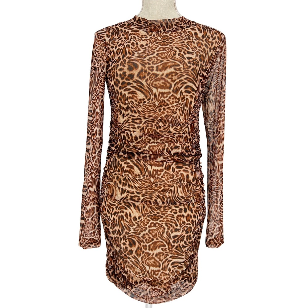 Jolie & Joy Ruched Mesh Mini Dress Women Small Brown Leopard Print Long Sleeve